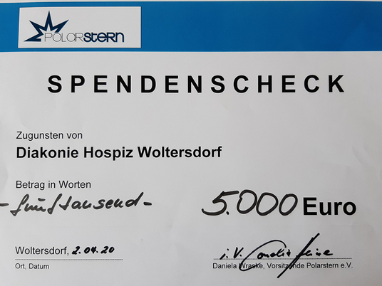 Diakonie Hospiz Woltersdorf | Spendenscheck  Förderverein Polarstern | Coronakrise